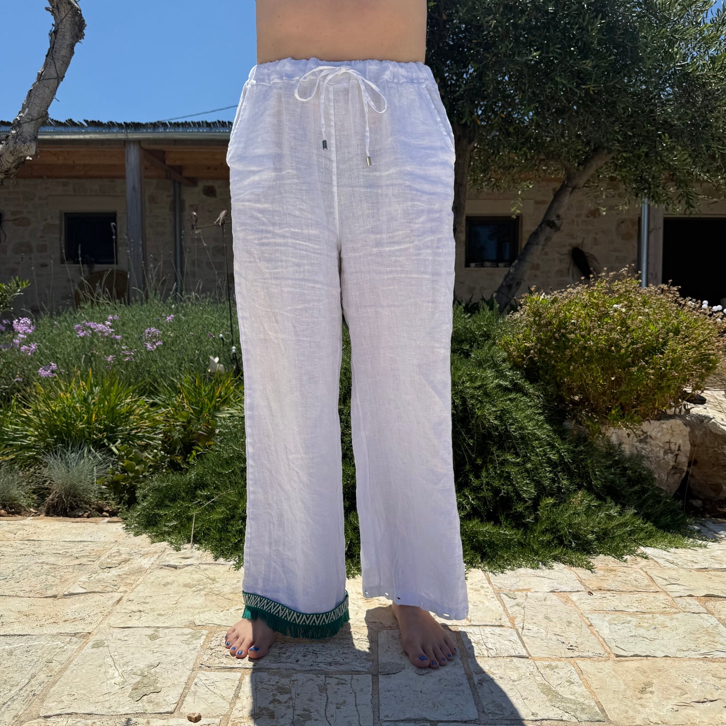 Green Fringe Linen Trouser