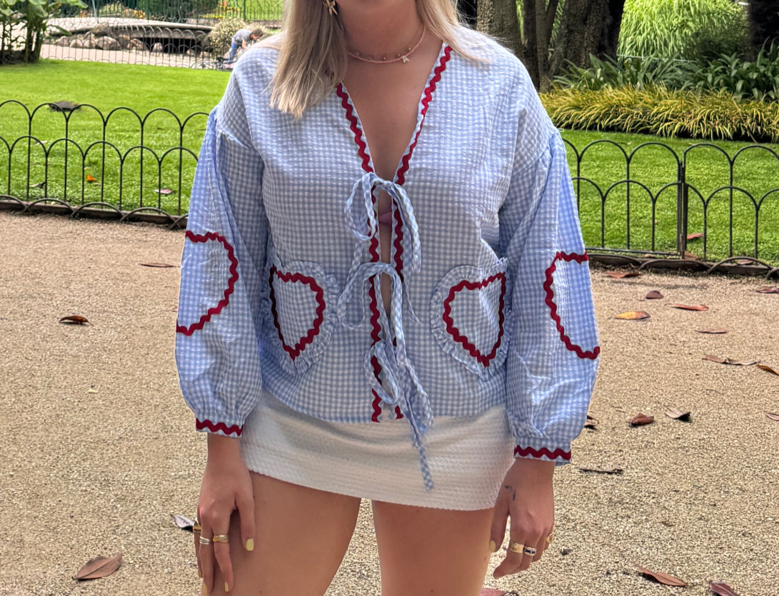 The Anouk 'Blue & White Heart Tie Top'